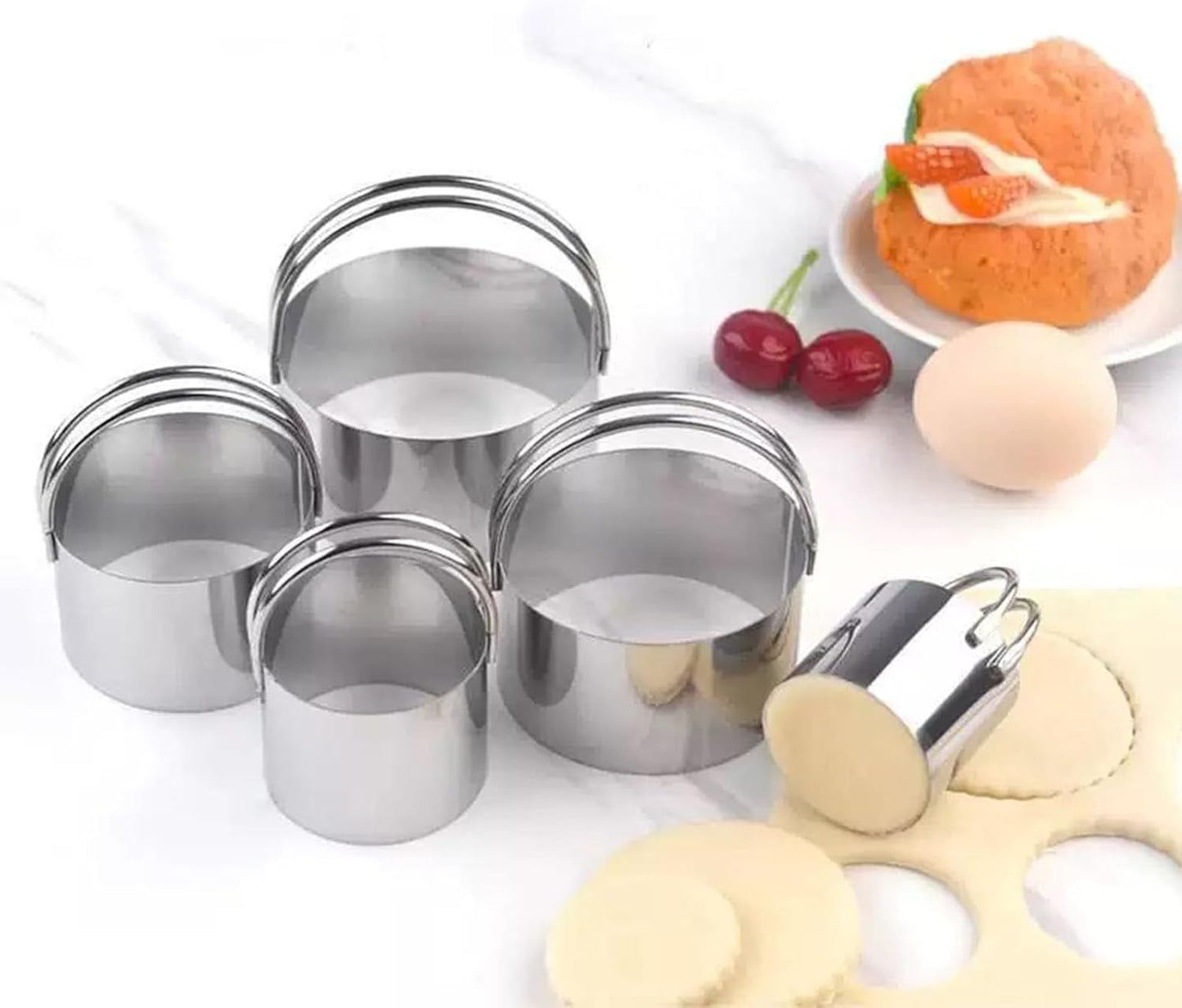 5-Piece Round Cookie Cutters Set with Handles, Stainless Steel Baking Tools for Biscuit/Sandwich/Cake/Bow Shapes - Precise Cutters for Cookies, Dumplings, Scones & Donut Decorations