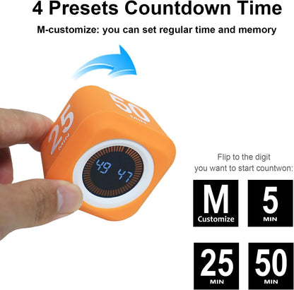 Rotating Cube Pomodoro Visual Timer 5, 25, 10 50 Minutes Preset, Rechargeable Desk Productivity Flip Custom Countdown Timer w/Silicone Cover, Silent Mode for ADHD Study, Work, School(Orange)