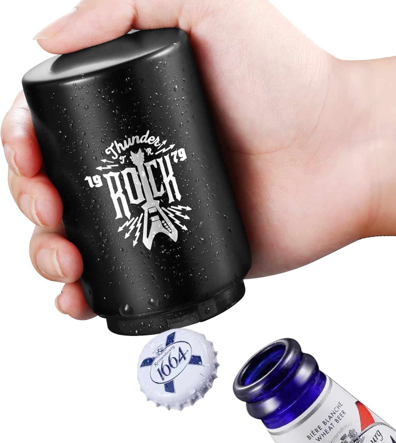 2PCS Beer Bottle Opener with Magnetic Cap, Automatic Stainless Steel One-Handed Bottle Cap Opener, Spring Loaded Push&Pop for Kitchen Home Bar Restaurant Household Utensils Destapador de Cerveza