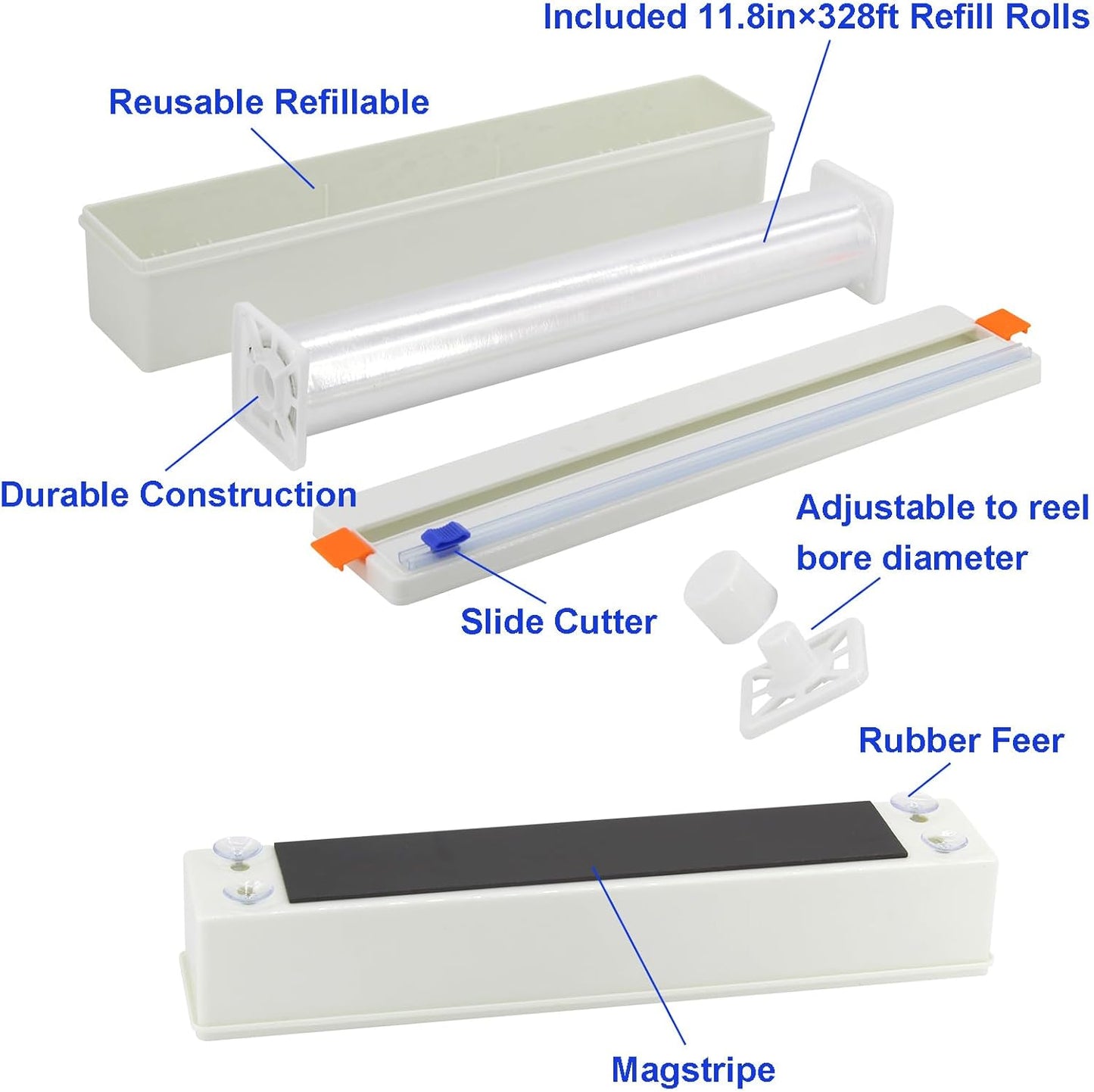 Household Reusable Refillable Plastic Wrap Dispenser with Slide Cutter, Food Wrap Stretch Clear Cling Wrap 12 Inch×328 Ft (1Cutting Box + 1 Cling Film)