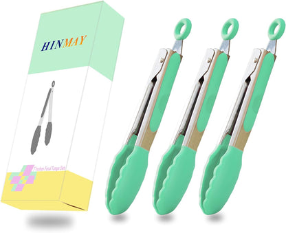 HINMAY Small Silicone Tongs 7-Inch Mini Serving Tongs, Set of 3 (Black Gray White)
