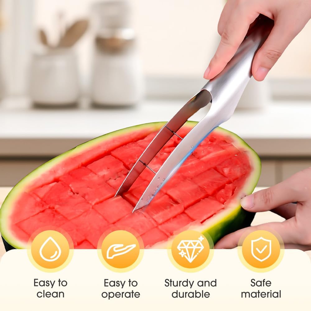 Watermelon Cutter Slicer - with 2 Forks, Stainless Steel Watermelon Cube Cutter, Easy Watermelon Knife Fruit Slicer Tool, Melon Baller Kitchen Gadget for Fruit Salad (1 Set)