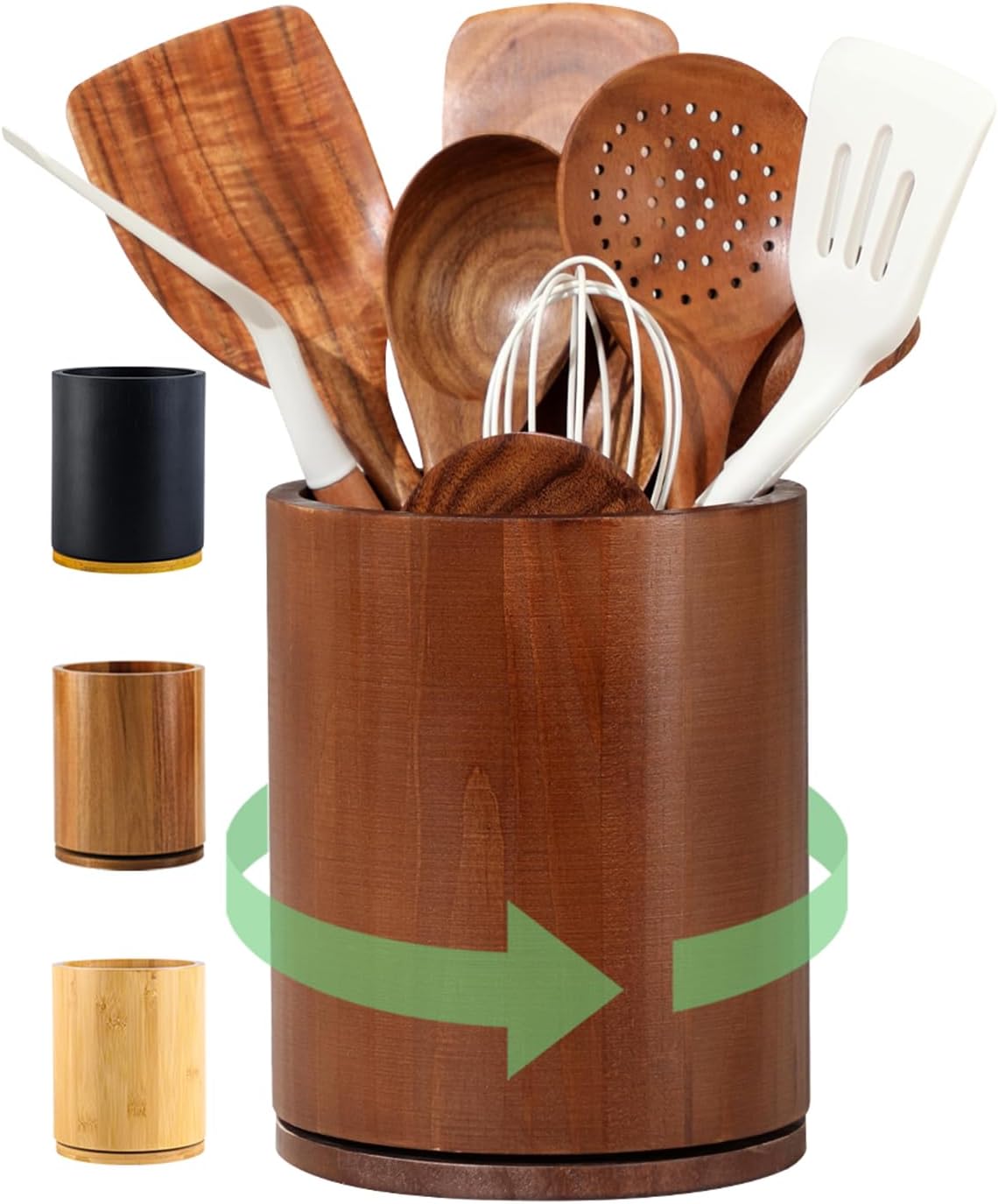 Wooden Utensil Holder, 360°Rotating 7.3'' Large Utensil Holder for Kitchen Counter, Kitchen Utensil Organizer, Utensil Crock, Farmhouse Kitchens Countertop Decor, Acacia Wood