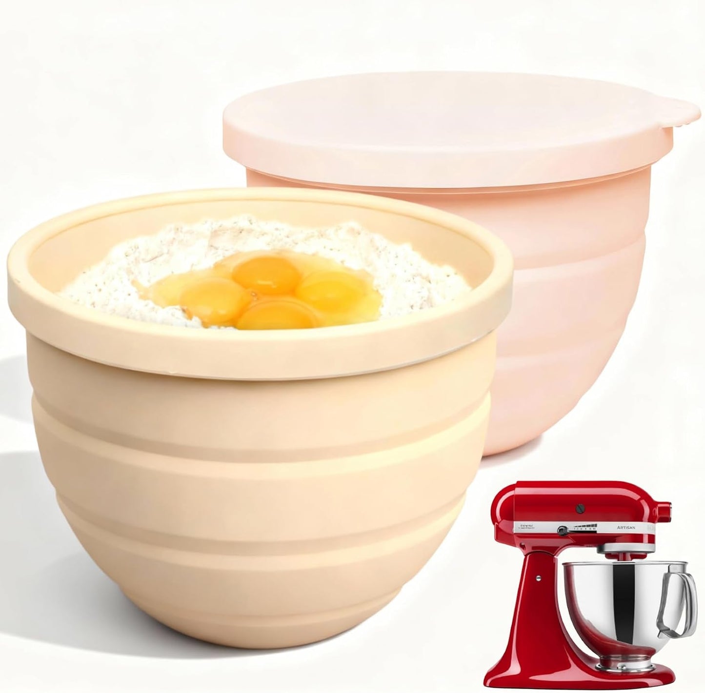 Silicone Bowl Insert for Kitchen Aid 5 Qt Tilt-Head - Patented Design Bowl Liner, 2pack with Lids, Resistant to collapse Thicker Bowl Insert, Foldable, Heat/Cold Resistant (Beige*Pink)