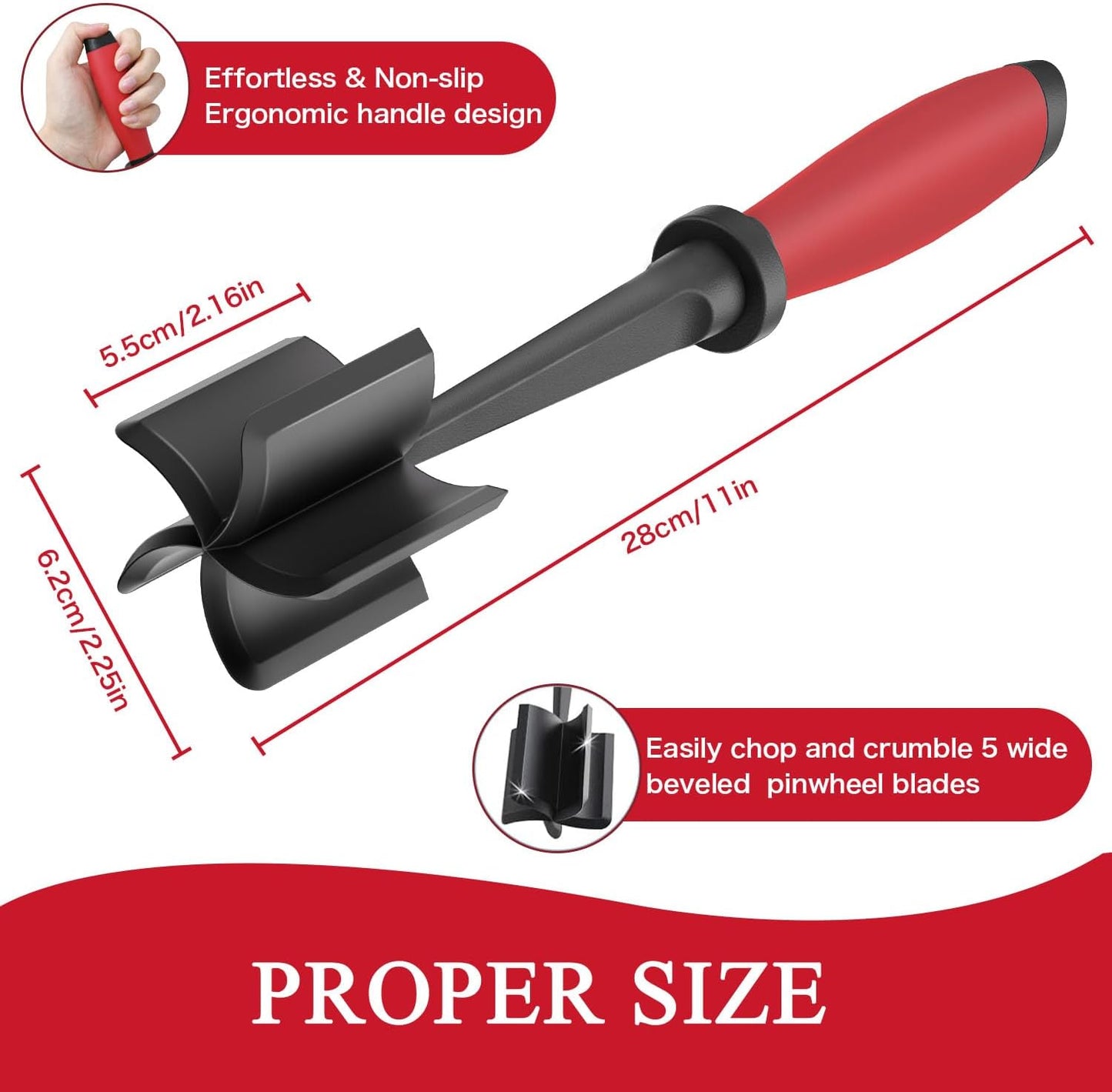 Meat Chopper, 5 Curve Blades Ground Beef Masher, Heat Resistant Meat Masher Tool for Hamburger Meat, Ground Beef, Turkey and More, Nylon Hamburger Chopper Utensil Non-scratch Utensils