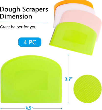 Dough Scraper Bench Scraper for Baking, 4 PCs BPA Free PE Plastic Flexible Bowl Scraper, Food-safe Plastic Dough Cutter for Bread Cake Dough Fondant Icing (White, Green, Orange, Pink)