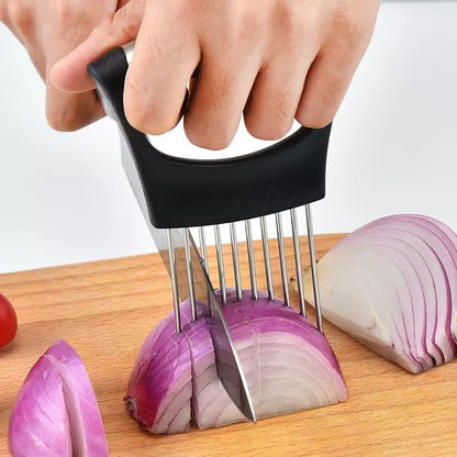 Large Onion Slice Holder, Stainless Steel Onion Cutter Lemon Slicer Vegetable Cutter, Vegetable Chopper Tomato Slicer Assistant Tool for Onion, Meat, Eggs, Tomato, Potato (CLASSIC (L1-1PCS))