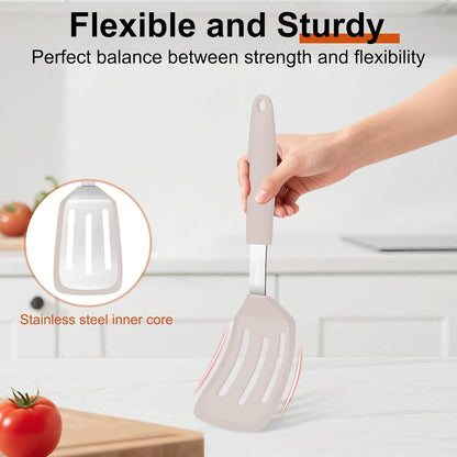 2 Pack Silicone Spatula Set, 600°F Heat Resistant Kitchen Spatula, BPA Free Solid & Slotted Turner, Flexible Cooking Utensils for Non Stick Frying Pan, Flipper for Eggs and Pancakes (Black)