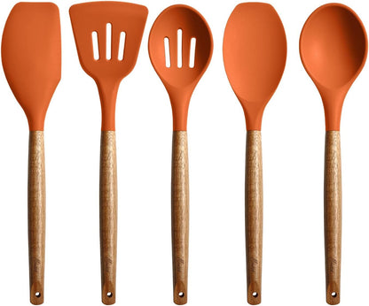 Kitchen Utensils Set, Silicone Cooking Utensils Set,Non-Stick Silicone Spatula Set with Natural Acacia Hard Wood Handle, 5 Piece, Upgraded Thickened Cookware