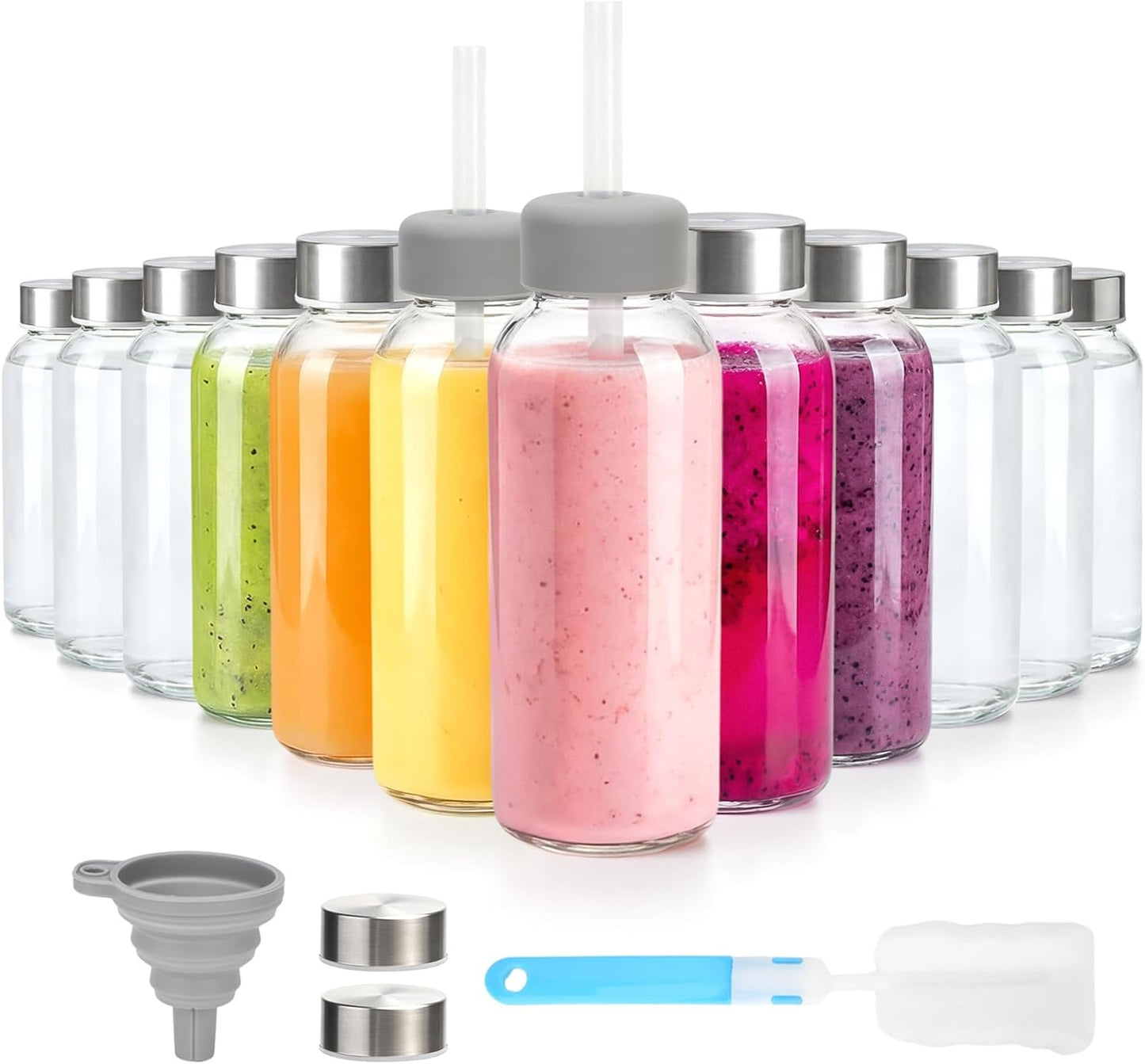 Zukro 12 oz Glass Juice Bottles with Lids & Straw, Airtight & Leak proof, Reusable Clear Small Bottle With Stainless Steel Cap for Juicing, Water, Smoothie & Milk, Dishwasher Safe & BPA Free, 12 Pack