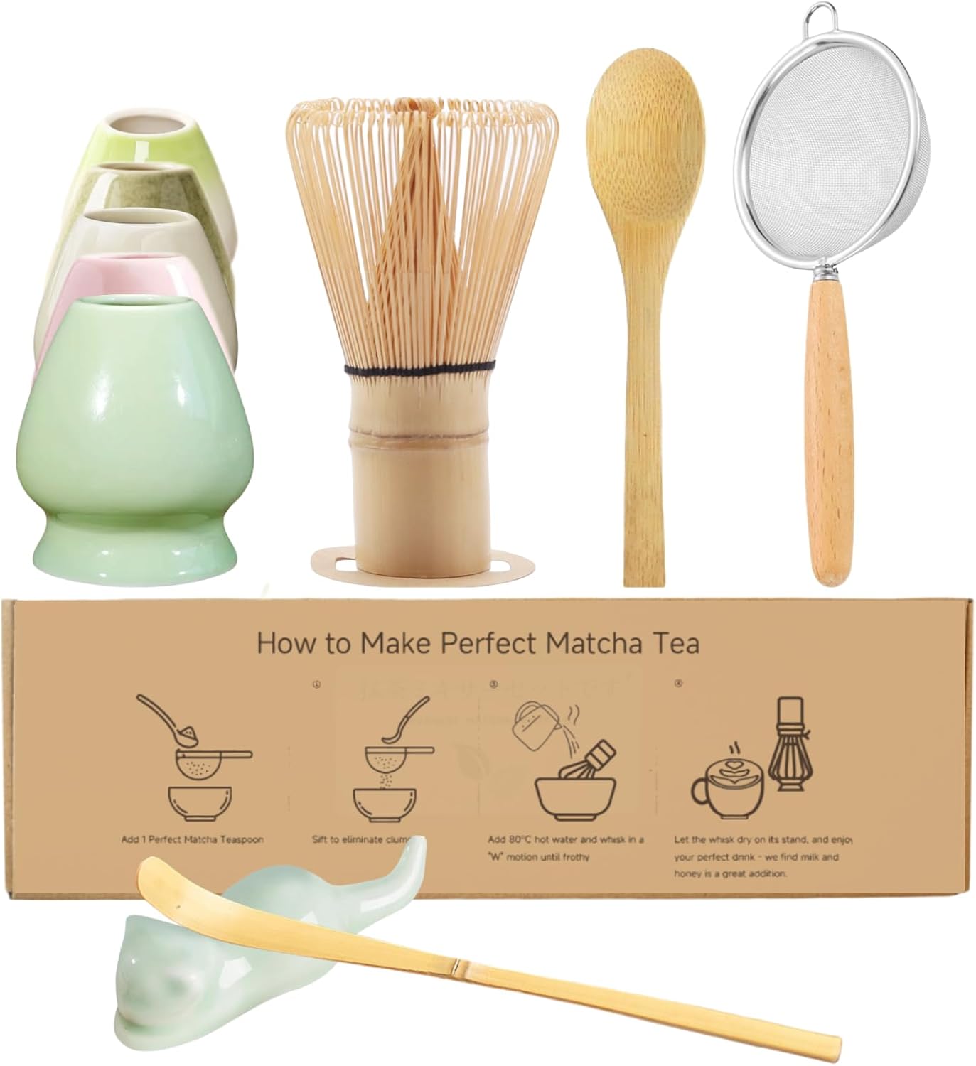 Matcha Whisk Set, 6-Piece Matcha Making Kit, Macha Tea Set, (Chasen Holder), Ceramic Whisk Holder, Matcha Starter Sifter, Bamboo Scoop, Spoon Japanese Tea Tools For Ceremony Gift (Green)