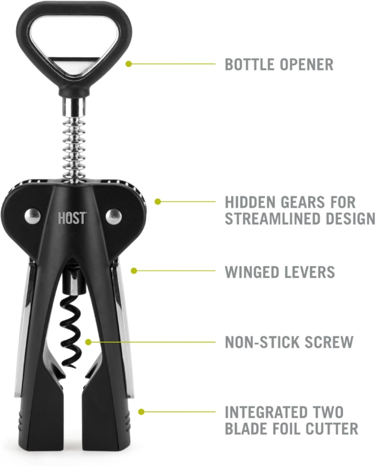 HOST Winged Corkscrew, Non-Stick Worm And Bottle Opener, 2-Blade Foil Cutter