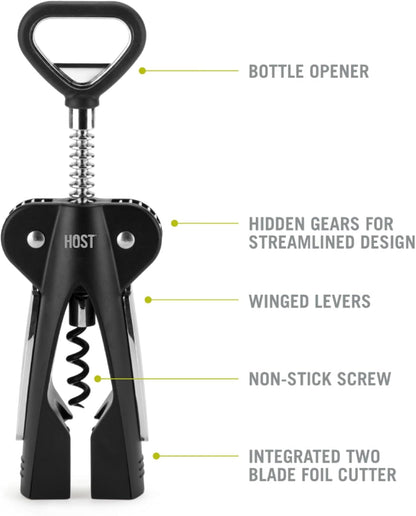 HOST Winged Corkscrew, Non-Stick Worm And Bottle Opener, 2-Blade Foil Cutter