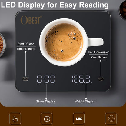 OBEST Mini Coffee Scale with Timer, Rechargeable Espresso Scale with Type-C, Travel Small Coffee Bean Scale with LED Display, Portable Digital Kitchen Scale, Pour Over Scale 3kg/0.1g Precision Black