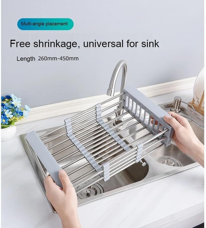 Adjustable Dish Drying Rack with Stainless Steel Drain Basket Over-The-Sink - Portable & Telescopic Space-Saving Solution for Fruit Vegetable