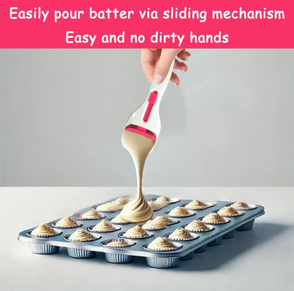 Cupcake Batter Dispenser Scoop with One-Touch Sliding Button - Professional Cake Batter Distribution Tool for Kitchen Baking - Easy Clean Pastry Batter Scoop for DIY Cupcakes & Pancakes