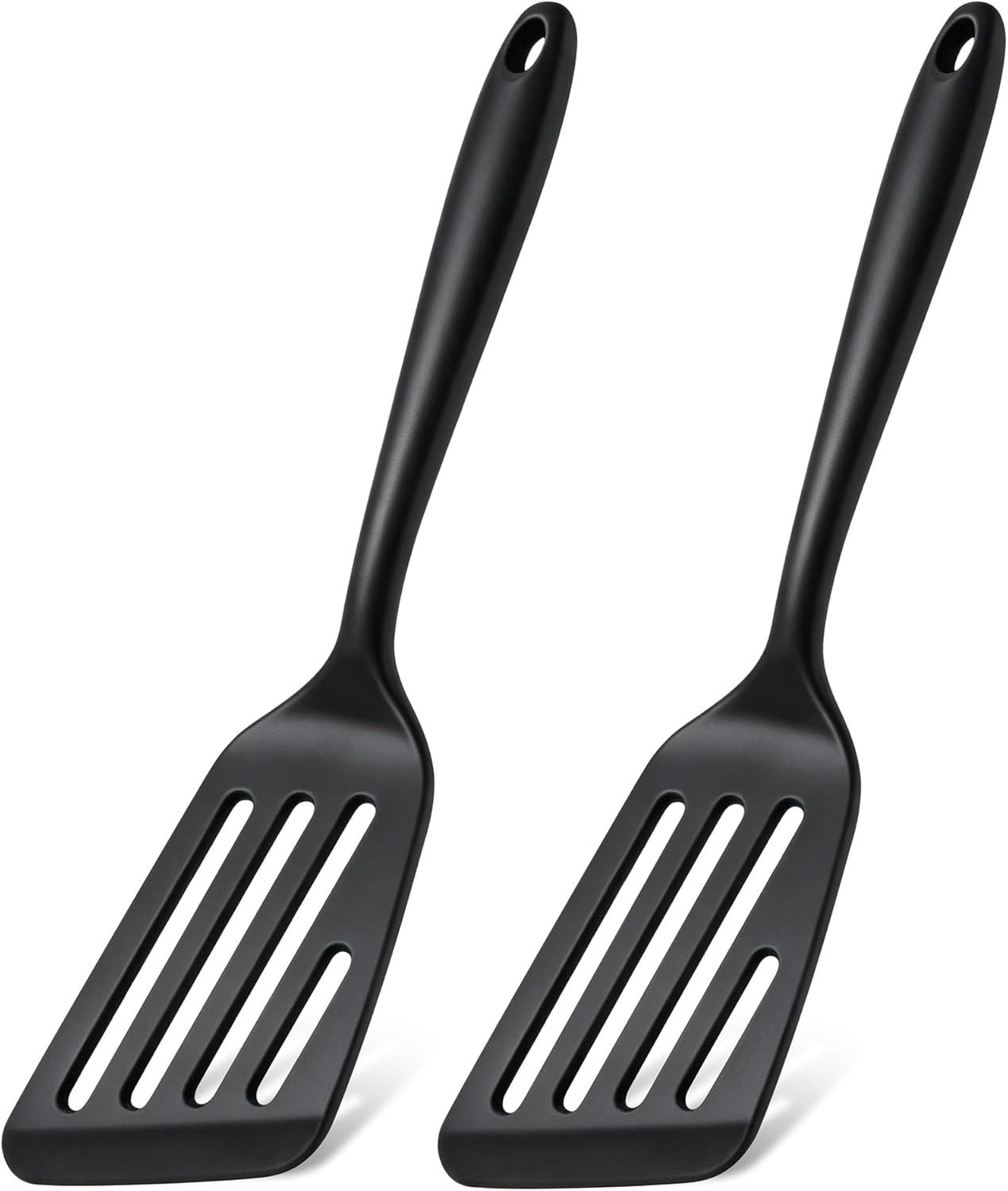 TeamFar Silicone Fish Spatula Set of 2, Heat Resistant Slotted Fish Turner for Non Stick Cookware, Flexible Cooking Spatula Flipper for Fish, Egg, Pancake, Steak, Burger, Dishwasher Safe, Black