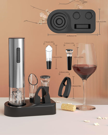CIRCLE JOY Electric Wine Opener Stainless Steel Rechargeable Automatic Wine Bottle Opener Set 7-in-1 Wine Gifts for Wine Lovers with Charging Base, Foil Cutter, Wine Aerator Pourer & 2 Vacuum Stoppers