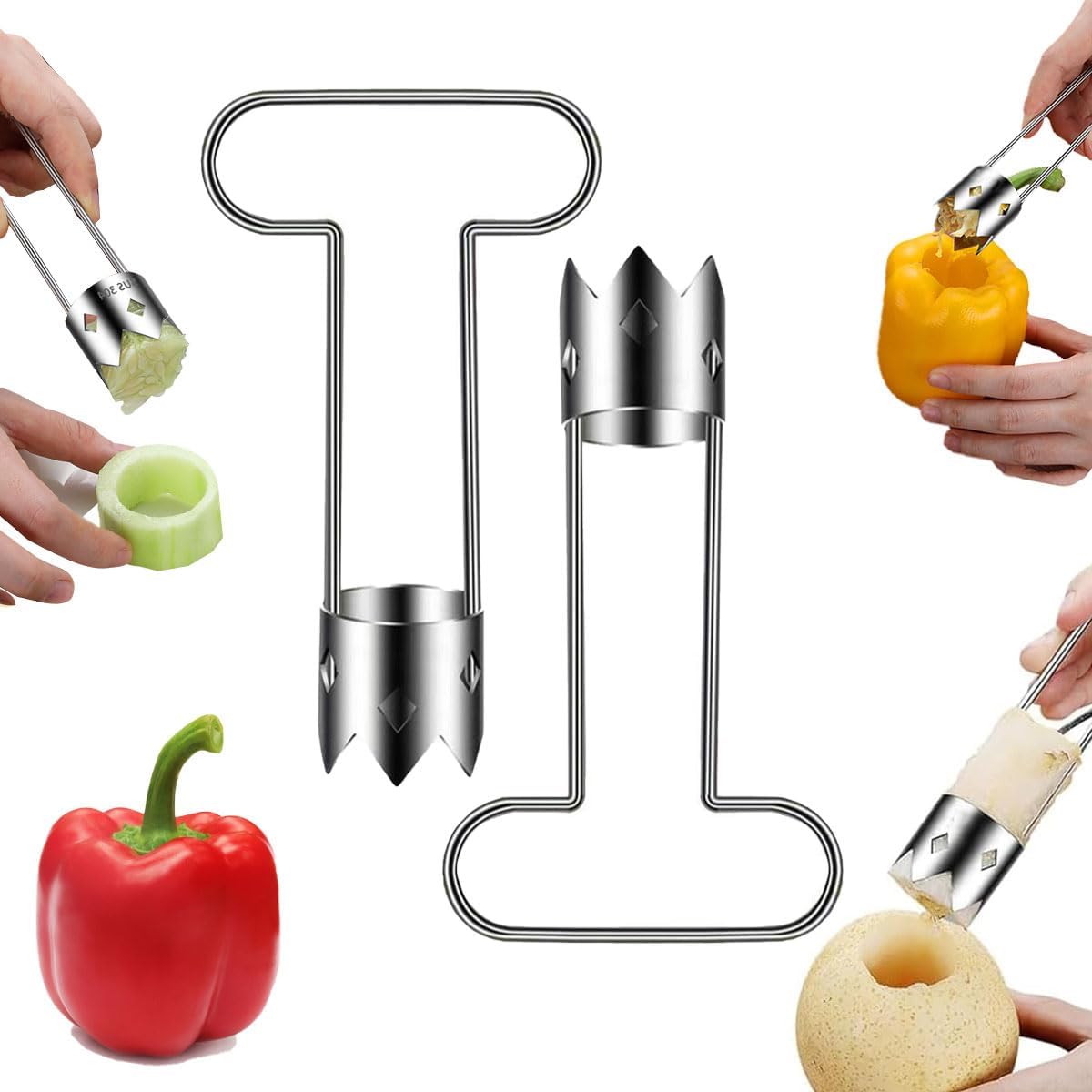 Red Bell Pepper Corer 2 PCS, Jalapeno Corer & Apple Stainless Steel Fruit and Vegetable Corer Gadgets, Core Remover Tool for Zucchini, Tomato, Pear and More Practical Kitchen Tools