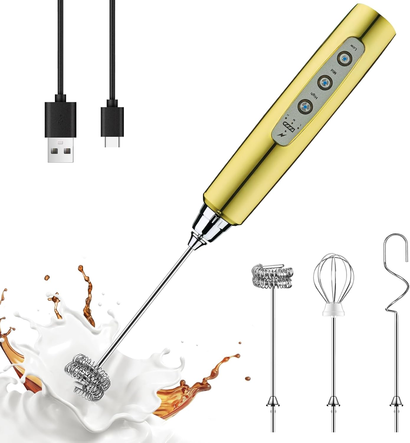 YUSWKO Black Handheld Milk Frother Wand for Coffee, Rechargeable Electric Whisk with 3 Heads 3 Speeds Drink Mixer Coffee Frother For Latte, Cappuccino, Hot Chocolate, Egg