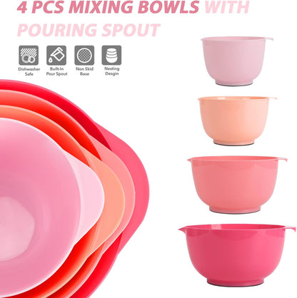 BoxedHome Nesting Plastic Mixing Bowl Set, 4 Piece Mixing Bowl Set with Pour Spouts, Size 1.7, 2.5, 3.5 and 4.5qt, for Prepping, Mixing, Baking, Cooking(2023 New Version, Pink)