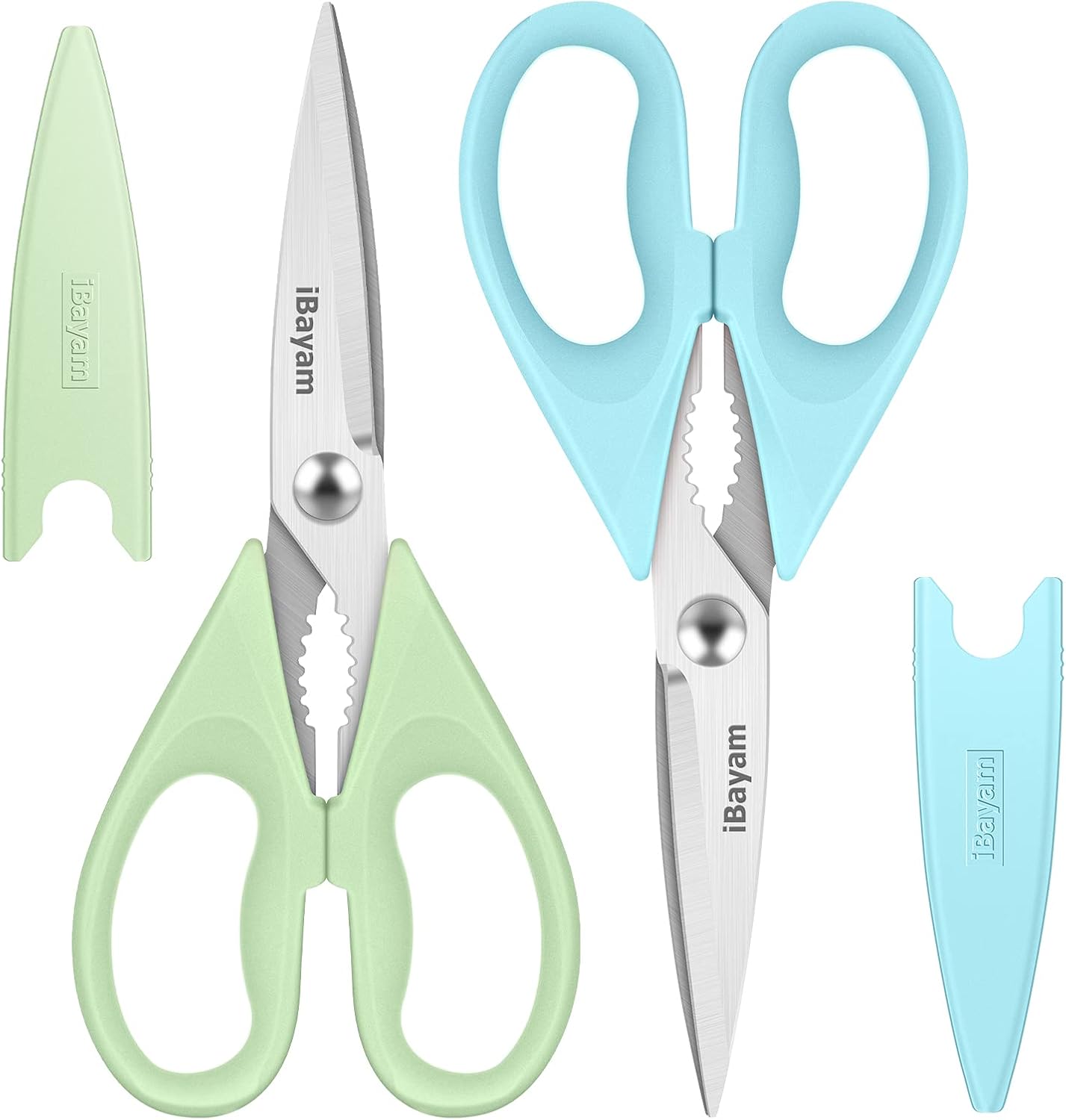 iBayam Kitchen Scissors All Purpose Heavy Duty 2 Pack with Protective Sheath, Stainless Steel Shears Kitchen Utensils Set for Cutting Food Cooking Meat Poultry Dishwasher Safe Soft Comfort-Grip
