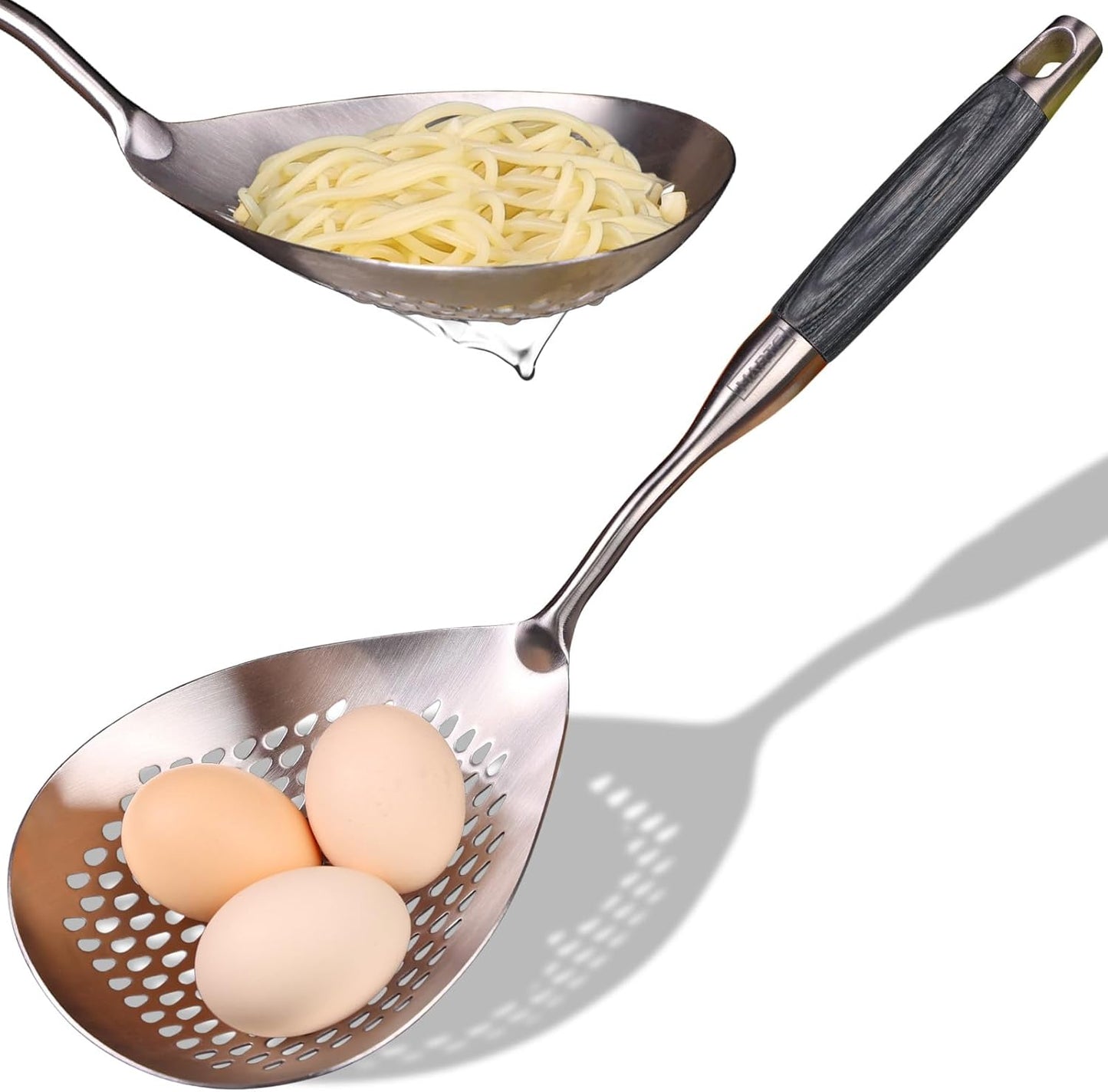 MARTE Skimmer Slotted Spoon Set of 4 - Kitchen Pasta Strainer Spoon - Spider Strainer Skimmer Ladle Spoon with Holder for Cooking and Frying Food, Spaghetti, Vegetable, Dumpling - 14.8In,16.5In,17In
