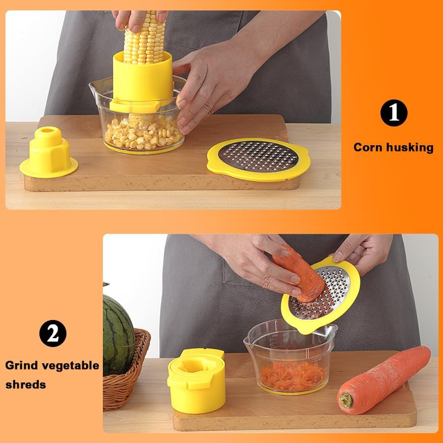 Corn Cob Stripper Tool with Bowl & Comfort Grip - 2-in-1 Kernel Cutter and Grater for Garlic Ginger, Corn Peeler and Grinder Set with Container, Easy Corn Kernel Remover