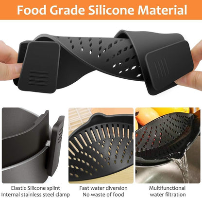 YEVIOR Clip on Strainer for All Pots Pan,Silicone Pasta Strainer Kitchen Gadgets,Collapsible Colander for Noodle,Vegetables,Fruit,Spaghetti (Grey)