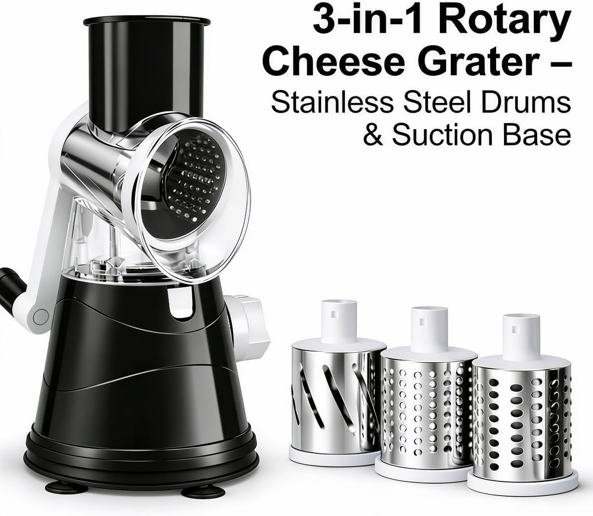 3-in-1 Rotary Cheese Grater, Hand Crank Shredder with 3 Interchangeable Blades for Cheese, Veggies, Nuts, Black
