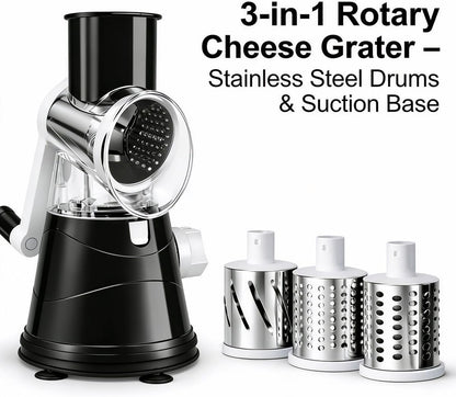 3-in-1 Rotary Cheese Grater, Hand Crank Shredder with 3 Interchangeable Blades for Cheese, Veggies, Nuts, Black
