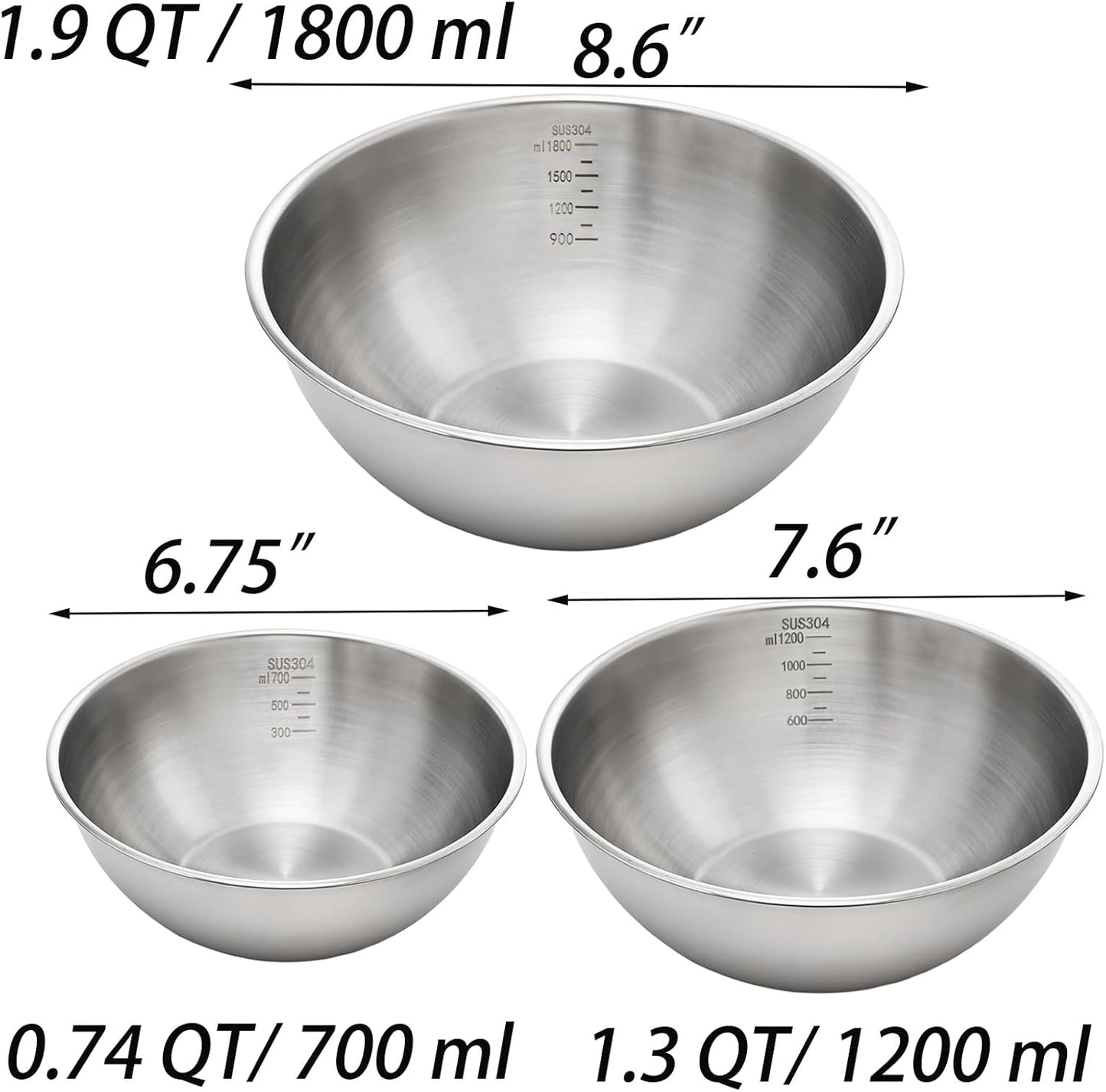 TOPZEA Stainless Steel Mixing Bowls Set of 3, Nesting Metal Kitchen Bowls with Measurement Mark, Small Meal Prep & Food Storage Bowl for Baking, Cooking, Dishwasher & Freezer Safe (0.74, 1.3, 1.9 Qt)