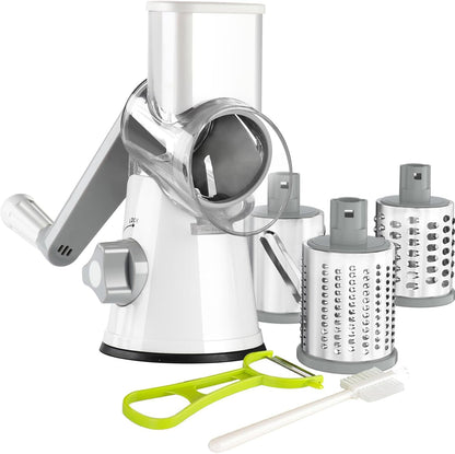 Ourokhome Rotary Cheese Grater Hand Crank, Kitchen Shredder Speed Mandolin Slicer Nut Grinder with Handle and Drum Blades for Cheese, Vegetable, Walnut, Chocolate, Potato, Carrot, 3 Blades, Dark Blue