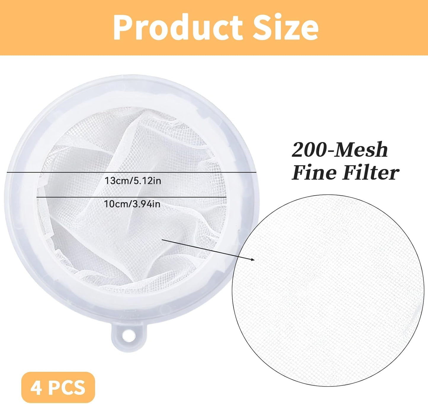 4Pcs 200 Mesh Strainer Filter, Strainers Fine Mesh Sieve, Nylon Food Strainer for Filtering Yogurt Juice Milk Honey Wine Soy Milk Coffee, Compatible with 5 Inch Kitchen Funnels
