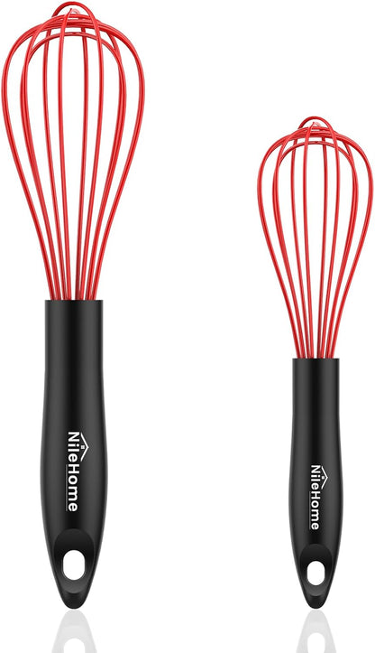 NileHome Silicone Whisk Set 8" 10" 12" Kitchen Whisk Kitchen Wisk Wire Whisks for Cooking, Whisking, Blending, Beating, Stirring-Black 3 Pack