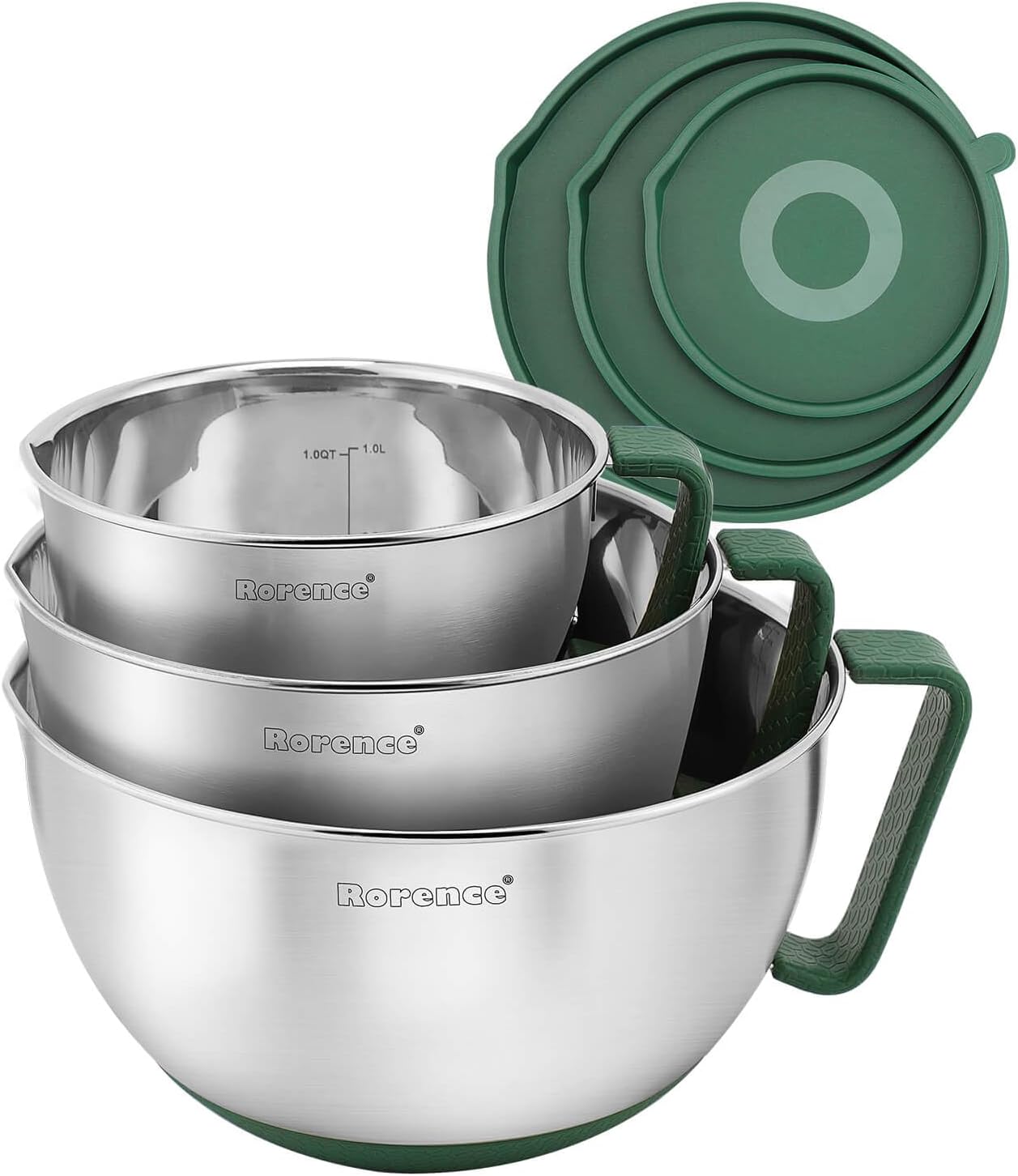 Rorence Stainless Steel Non-Slip Mixing Bowls With Pour Spout, Handle and Lid, Set of 3, Black