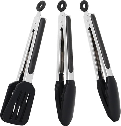Mini Silicone Serving Tongs Set of 3, Small Kitchen Tongs (7 inch) with Silicone Tips and Stainless Steel Handle, Cooking Tongs for Salads, Pasta, Steaks, Vegetables