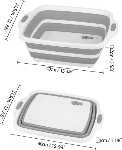Space Saving Cutting Board, Collapsible Dish Tub with Draining Hole, Folding Chopping Board with Colander, 3 in 1 Multifunction Camping Sink for Washing Dish, Bowl, Vegetables and Fruit