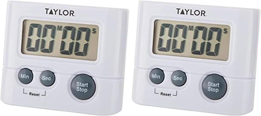 Taylor Digital Timer with 99 Minute 59 Second Display, Easy to Use, White Compact Design for Kitchen Cooking, Baking, and Timing Needs (Pack of 2)