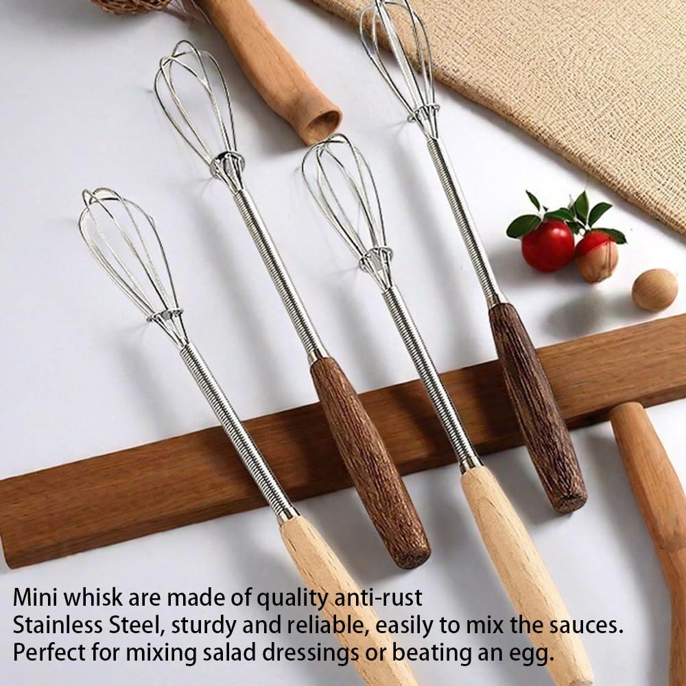 Stainless Steel Mini Whisk 2 Pcs, Small Wire Whisks Set with Wooden Handle, Kitchen Egg Beater Mini Hand Mixer for Cooking, 7.8inch