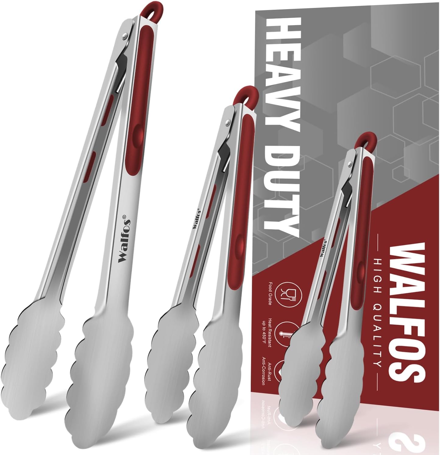 Walfos Silicone Tongs for Cooking - Heat Resistant kitchen tongs for Salad,Cooking, Grilling,Stainless Steel and BPA Free Silicone Tips set of 3 (7" 9" and 12 inch)