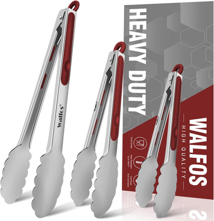 Walfos Silicone Tongs for Cooking - Heat Resistant kitchen tongs for Salad,Cooking, Grilling,Stainless Steel and BPA Free Silicone Tips set of 3 (7" 9" and 12 inch)
