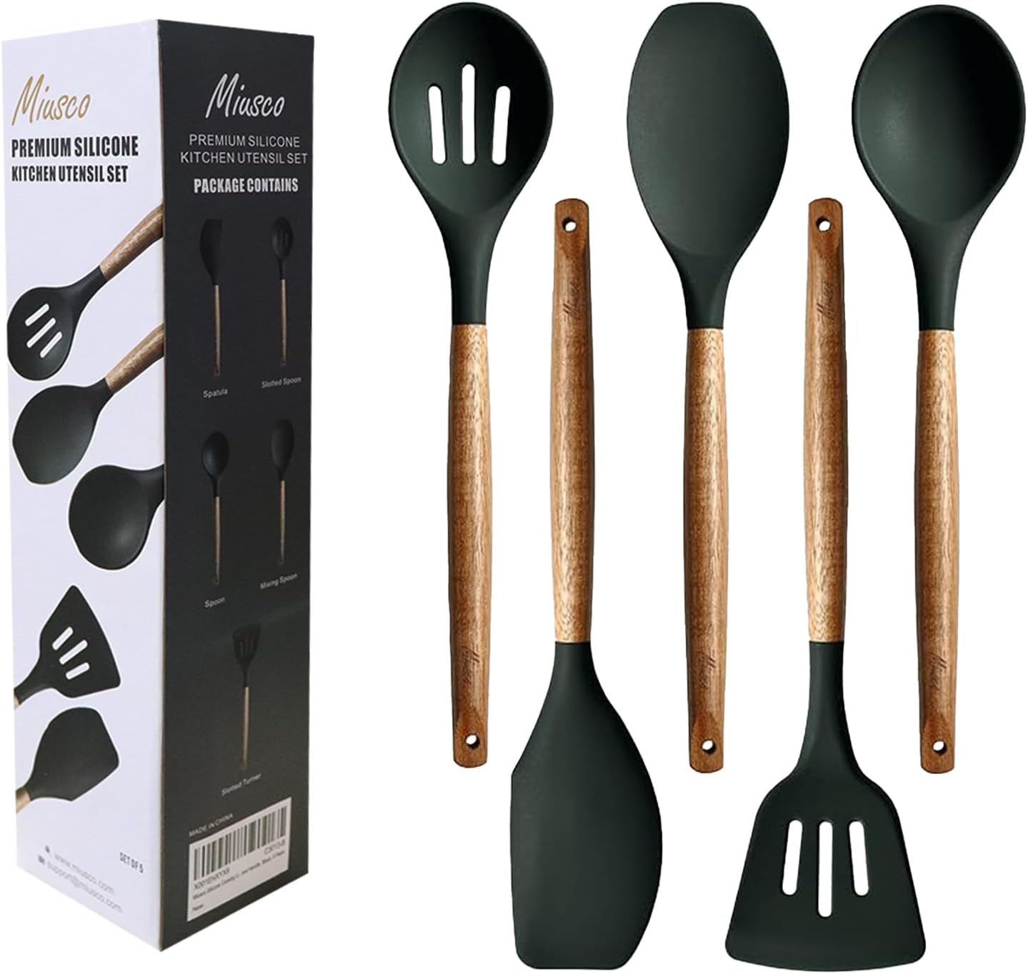 Kitchen Utensils Set, Silicone Cooking Utensils Set,Non-Stick Silicone Spatula Set with Natural Acacia Hard Wood Handle, 5 Piece, Upgraded Thickened Cookware