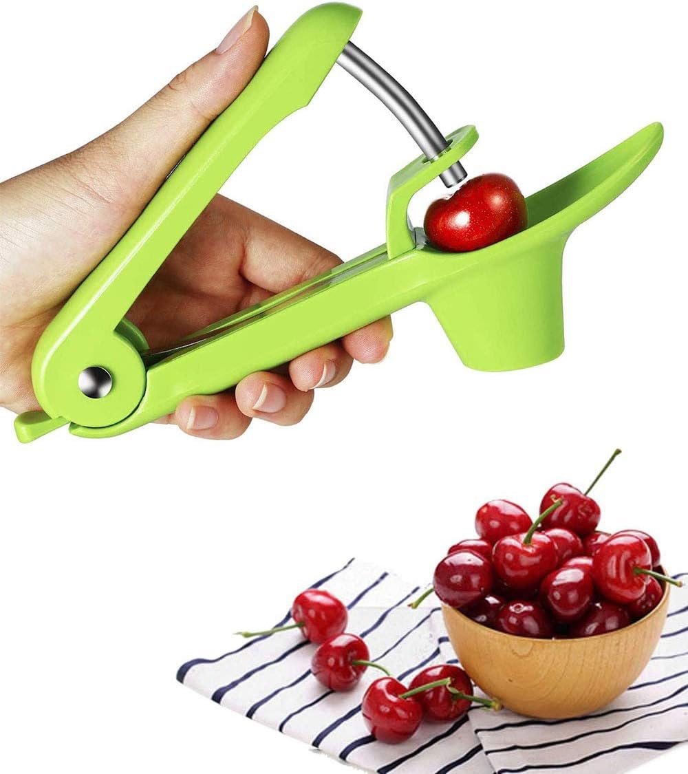 Cherry Pitter,Olive Seed Remover Tool with Food-Grade Silicone Cup,Portable Fruit Corer Cherry Stoner Kitchen Aid Machine with Space-Saving Lock Design(Green)