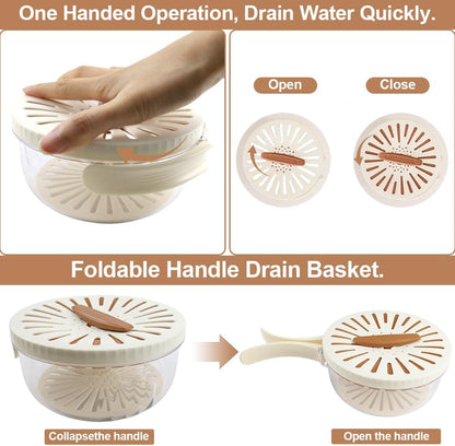Multifunctional Fruit Washing Bowl,2 in 1 Drainer and Strainer,Foldable Handle Drain Basket with Lid,Kitchen Colanders & Food Strainers, Suitable for Washing Fruits and Vegetables