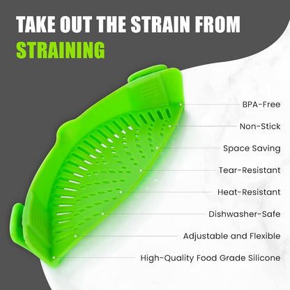 Clip On Kitchen Food Strainer for Spaghetti, Meat, Pasta, & Ground Beef Grease, Colander & Sieve Snaps or Clips Onto Bowls, Pots & Pans Includes Silicone Drainer, Brush & Garlic Peeler (Dk Red)
