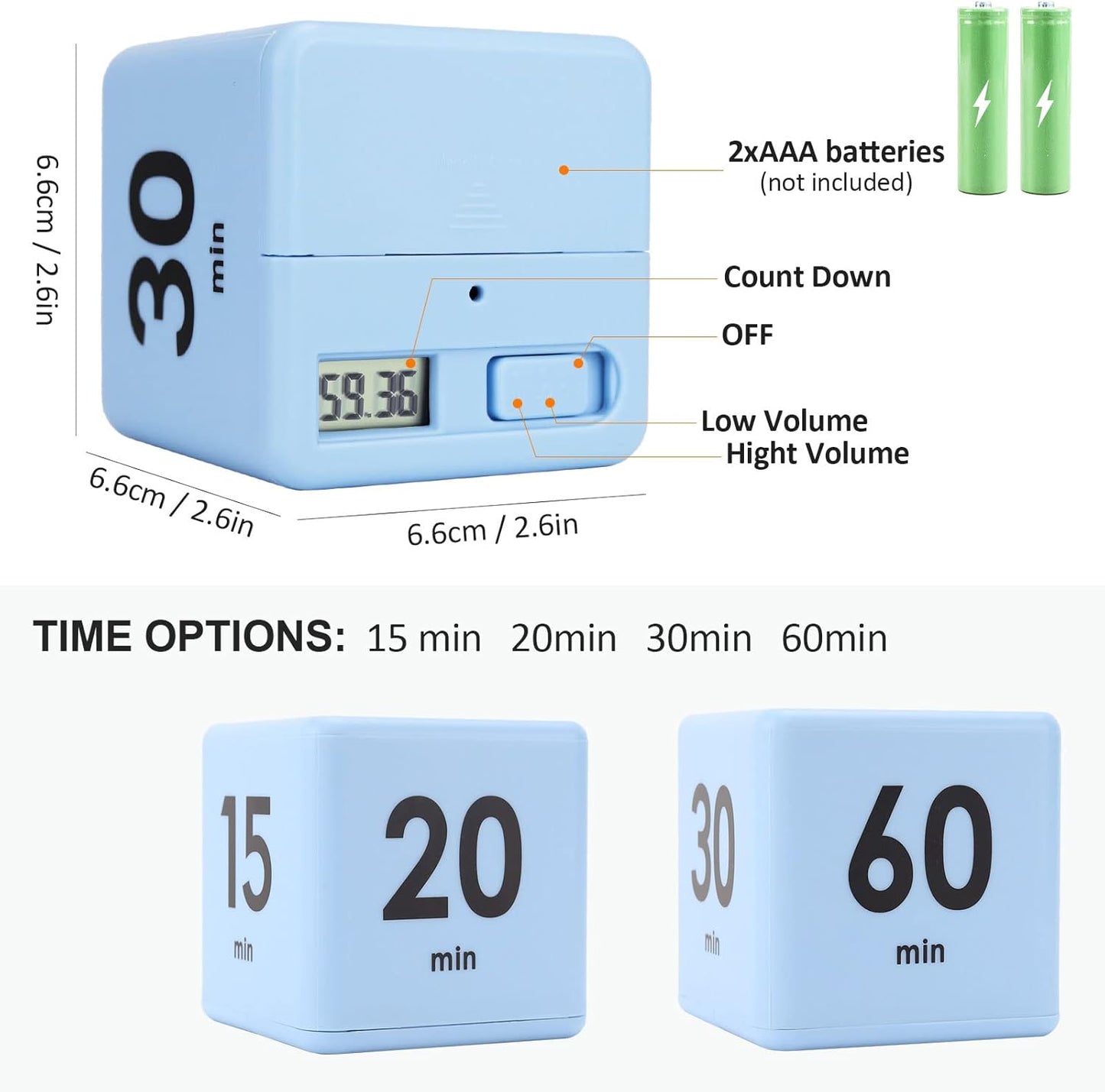 Feilifan Cube Timer, Productivity Cube Rotating Timer for Kitchen Studying Workout Classroom Kids ADHD 1-3-5-10 Minute Preset, White