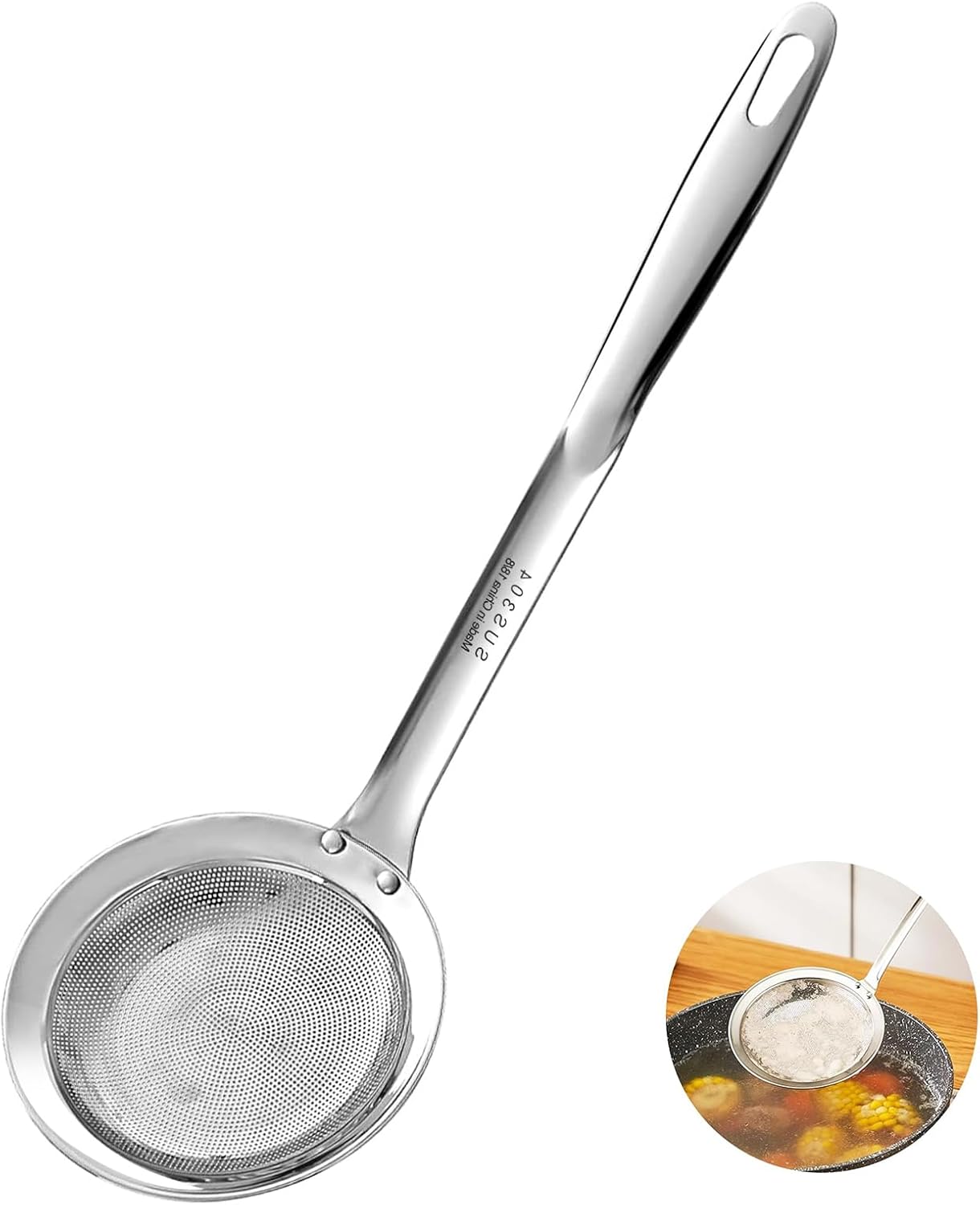 Ugotit Skimmer Spoon Stainless Steel, Fine Mesh Strainer for Cooking, Fat Skimmer & Hot Pot Skimmer, Dishwasher Safe Kitchen Gadget (DIA 3.5Inch)