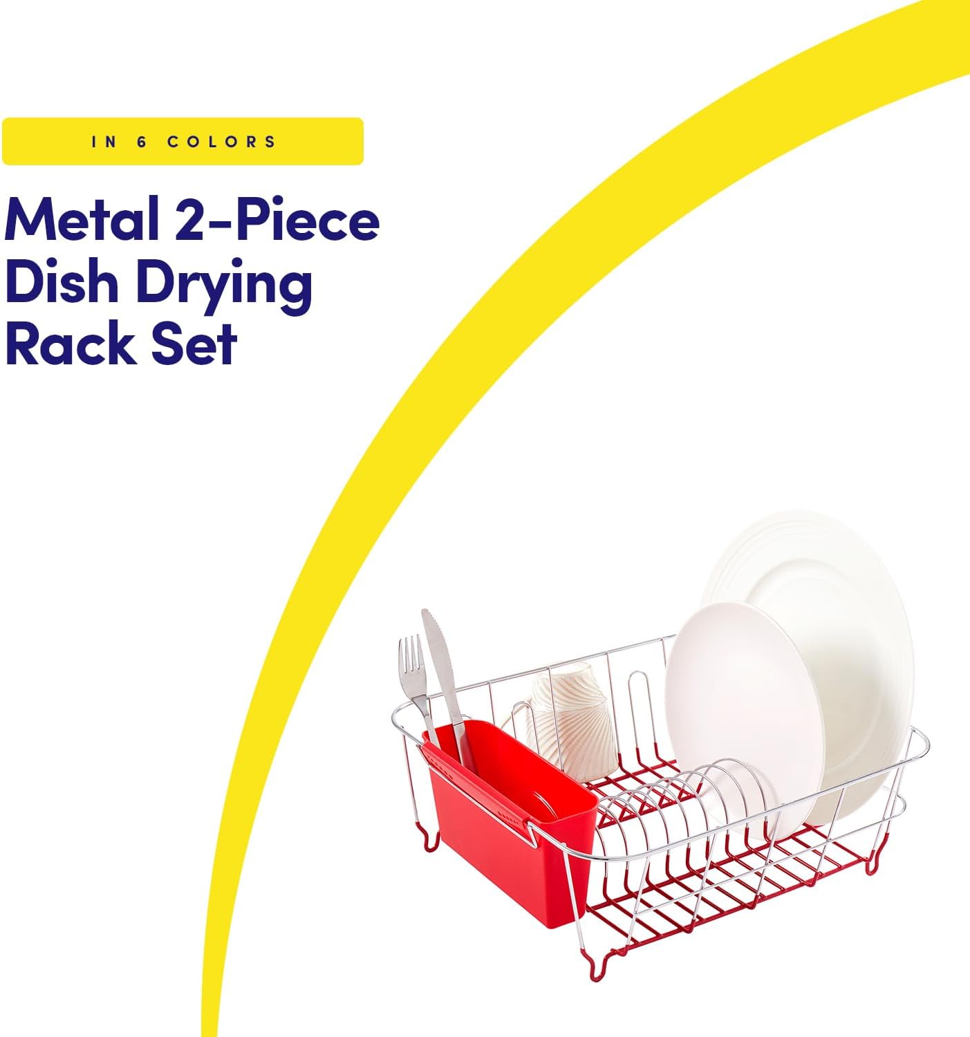 Dish Drying Rack & Cutlery Holder 2 Piece Set - Compact Sink-Fitting Dish Drainer with Rubberized Undercoating, Space-Saving Kitchen Organizer for Plates, Cups, Bowls & Utensils in Sink, Silver