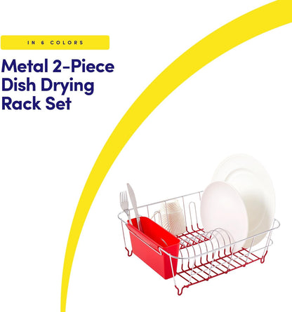 Dish Drying Rack & Cutlery Holder 2 Piece Set - Compact Sink-Fitting Dish Drainer with Rubberized Undercoating, Space-Saving Kitchen Organizer for Plates, Cups, Bowls & Utensils in Sink, Silver
